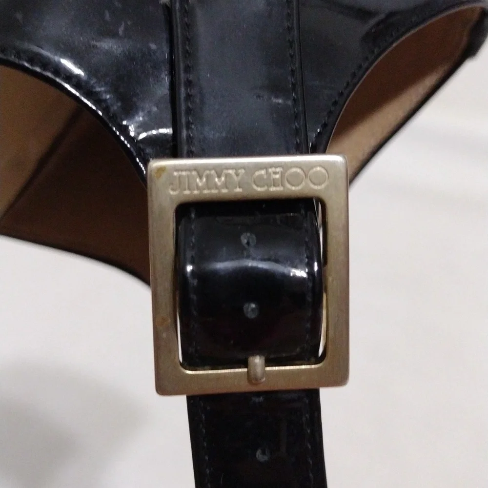 Jimmy Choo Designer Paisley Patent Leather Wedge Sandals Ankle Strap US 6 Chic